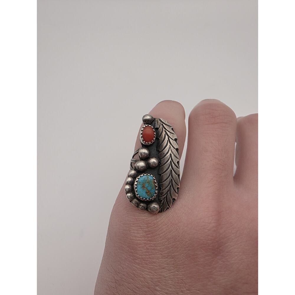 Native American Sterling Silver 925 Turquoise And Coral Ring Size 7